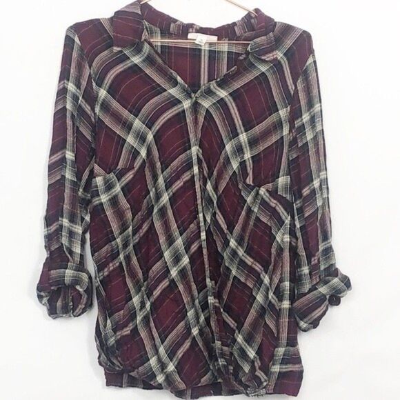 Westport Tops - Westport Wrap Front Plaid Rolled Sleeve Top Like New 1X Maroon Black White RM-C
